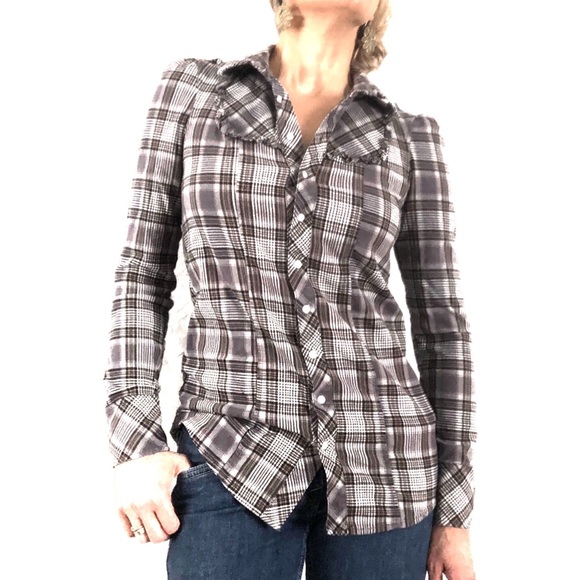 💙3/$25 RUBBISH Cute Fitted Stretch Flannel Button Down Ruffle Detail Shirt - Picture 2 of 8